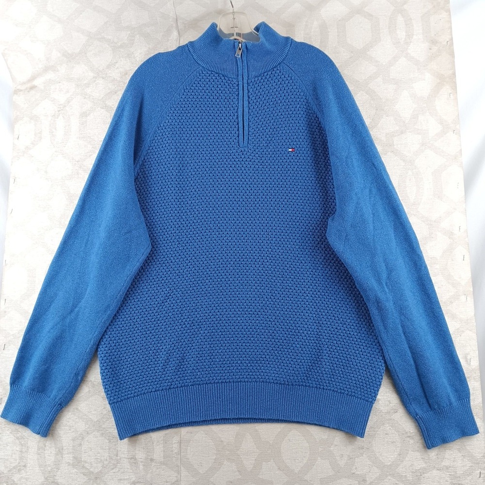 Tommy Hilfiger Blue Textured Knit 1/4 Zip Sweater Mens Size Large‎ Waffle